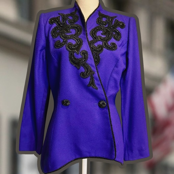John Meyer of Norwich Vintage Indigo Purple & Black Brocade Sequin Wool Blazer - Picture 14 of 16